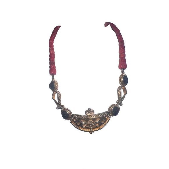 Authentic Vintage Red Coral Beads Necklace Gold Tone Pendant Statament Jewelry - Picture 2 of 14